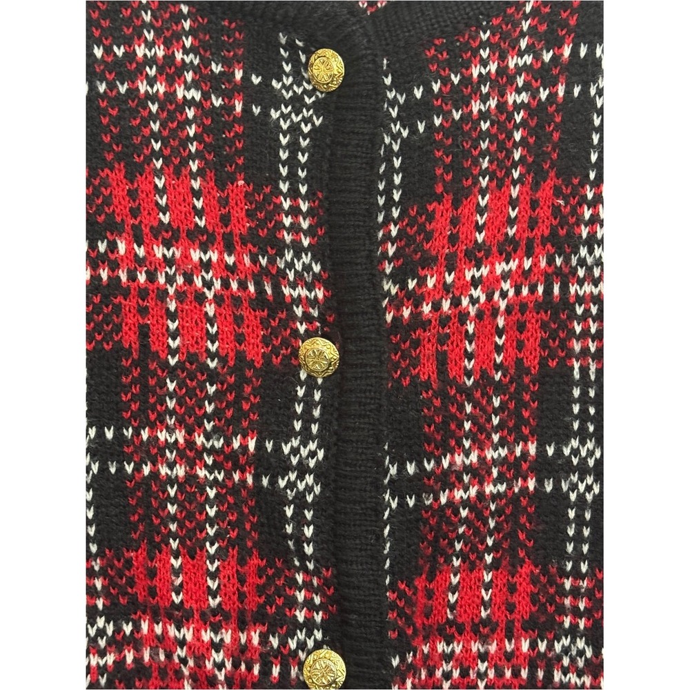 Vintage Kobe 1X Red and Black Plaid Button Front Cardigan Sweater Hong Kong Made - Picture 4 of 7